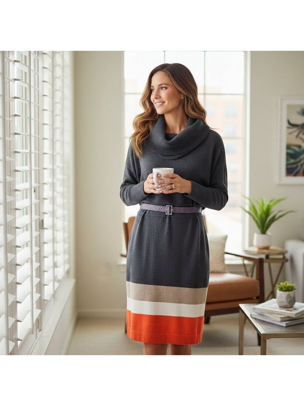 🤍 Jessica Howard–Style Cowl Neck Colorblock Sweater Dress (Estimated Size)